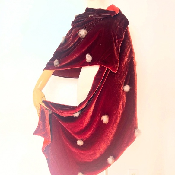 RUST SILK VELVET & SATIN 1950’s 50s Vintage Retro Vintage Rabbit Fur Shawl Wrap - Picture 9 of 16